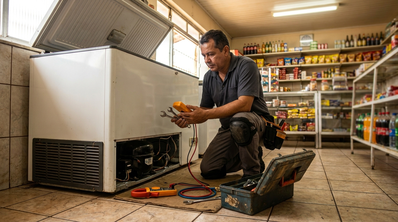 Técnico realizando manutenção de motor de freezer em Niterói‑RJ