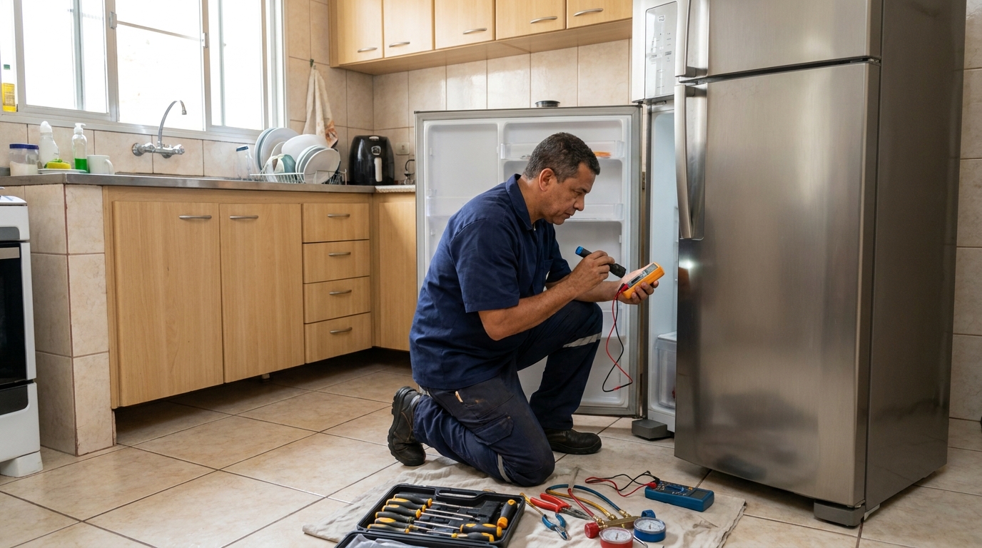 Recarga de gás refrigerante de geladeira em atendimento no Badu, Niterói‑RJ