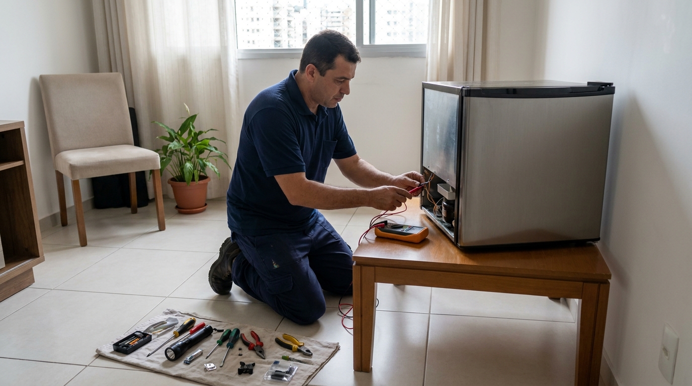 Técnico de conserto de frigobar em residência em Niterói‑RJ